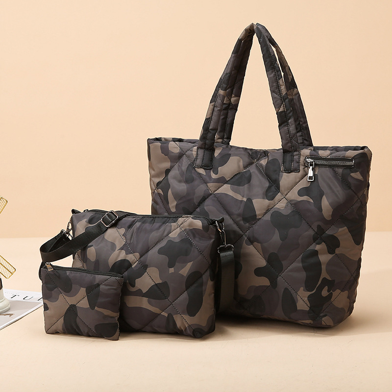 New Women's Bag Ultra-Light Space Cotton down Bag Fashionable Camouflage Two-Piece Set Large Capacity Portable Shoulder Crossbody Bag