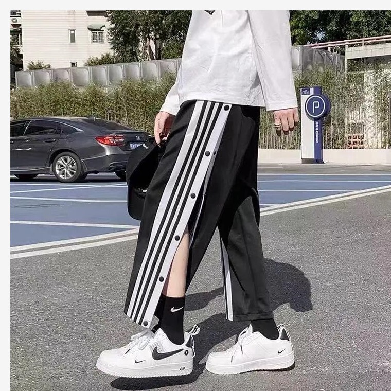 Wide-leg pants men's straight pants side buckle pants loose basketball pants sports pants spring and summer pants men's Korean style fashion