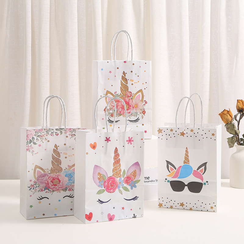 Party Birthday Gift Bag Kraft Paper Unicorn Cartoon Tote Bag Printed Bronzing Shopping Packaging Bag