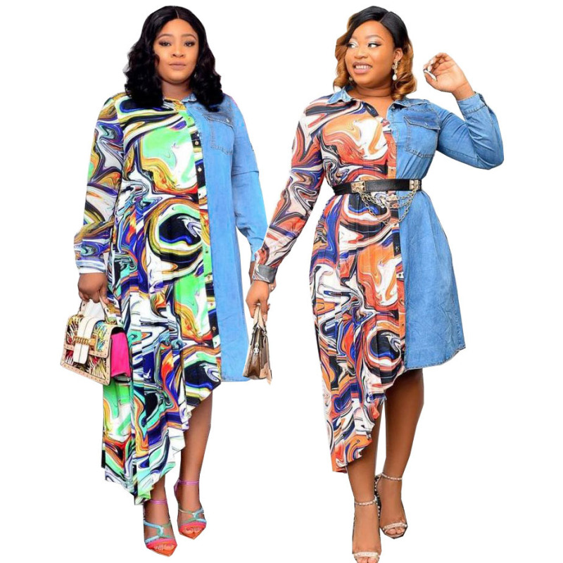 Supply Denim chiffon stitching unique cutting fashion loose shirt dress Europe, America and Africa plus size specials
