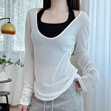 u领防晒罩衫女夏季薄款内搭长袖t恤宽松显瘦百搭慵懒风打底衫上衣