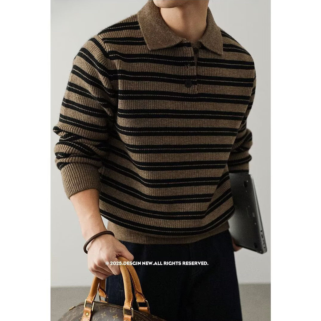 Polo camiseta de puntada suéter hombre rayas retro viejo estilo de negocios de otoño y invierno comercio exterior transfronterizo al por mayor image 4