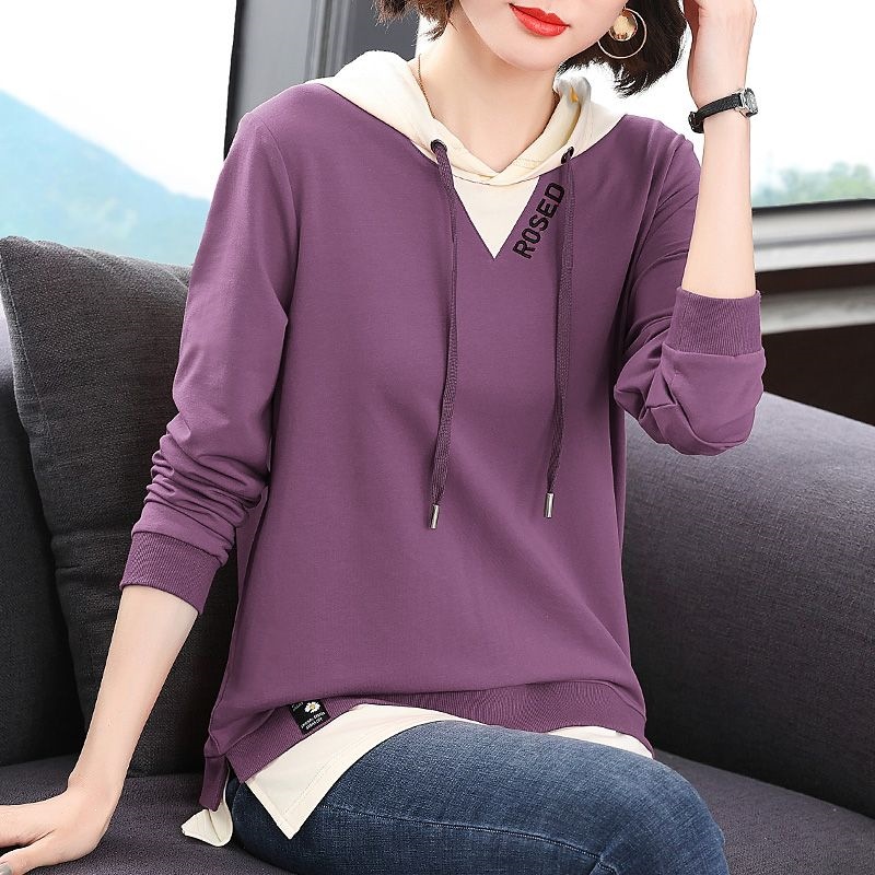 Scissors Stone Hooded Thin Sweatshirt Women's Clothing 2026 Spring and Autumn New Style Faux Two-Piece Long Sleeve T-Shirt Plus Size Mid-Length