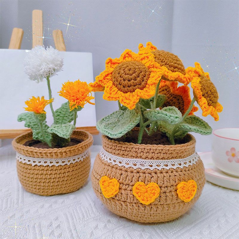 Tejido a mano DIY tulipán margarita en maceta ramo de flores lana ganchillo material paquete de flores decorativas caseras