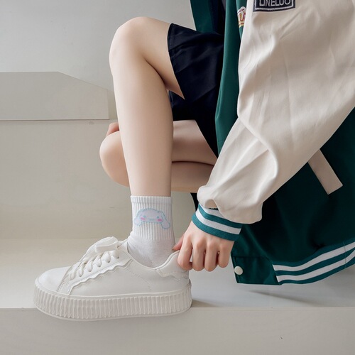 Japanese cartoon socks for women, white combed cotton mid-calf women's socks, sports socks, casual socks, student socks