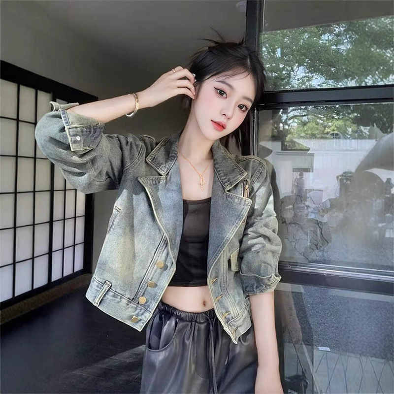 Hong Kong Style Retro Denim Short Jacket for Women, New Spring and Autumn Trendy Long-Sleeve Top, Fashionable Casual Versatile Biker Jacket Hong Kong Style Retro Denim Short Jacket for Women, New Spring and Autumn Trendy Long-Sleeve Top, Fashionable Casual Versatile Biker Jacket