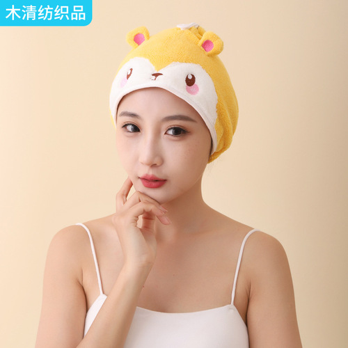 Coral velvet dry hair hat for women, water-absorbent quick-dry headscarf, cute and thick bath cap, hair-wiping towel, cartoon dry hair towel