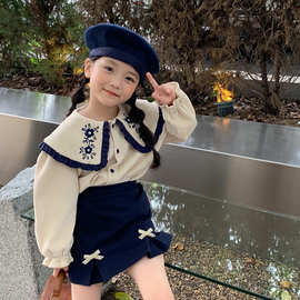 女童韩版洋气套装2024春秋新款女宝宝洋气翻领条绒衬衫短裙两件套