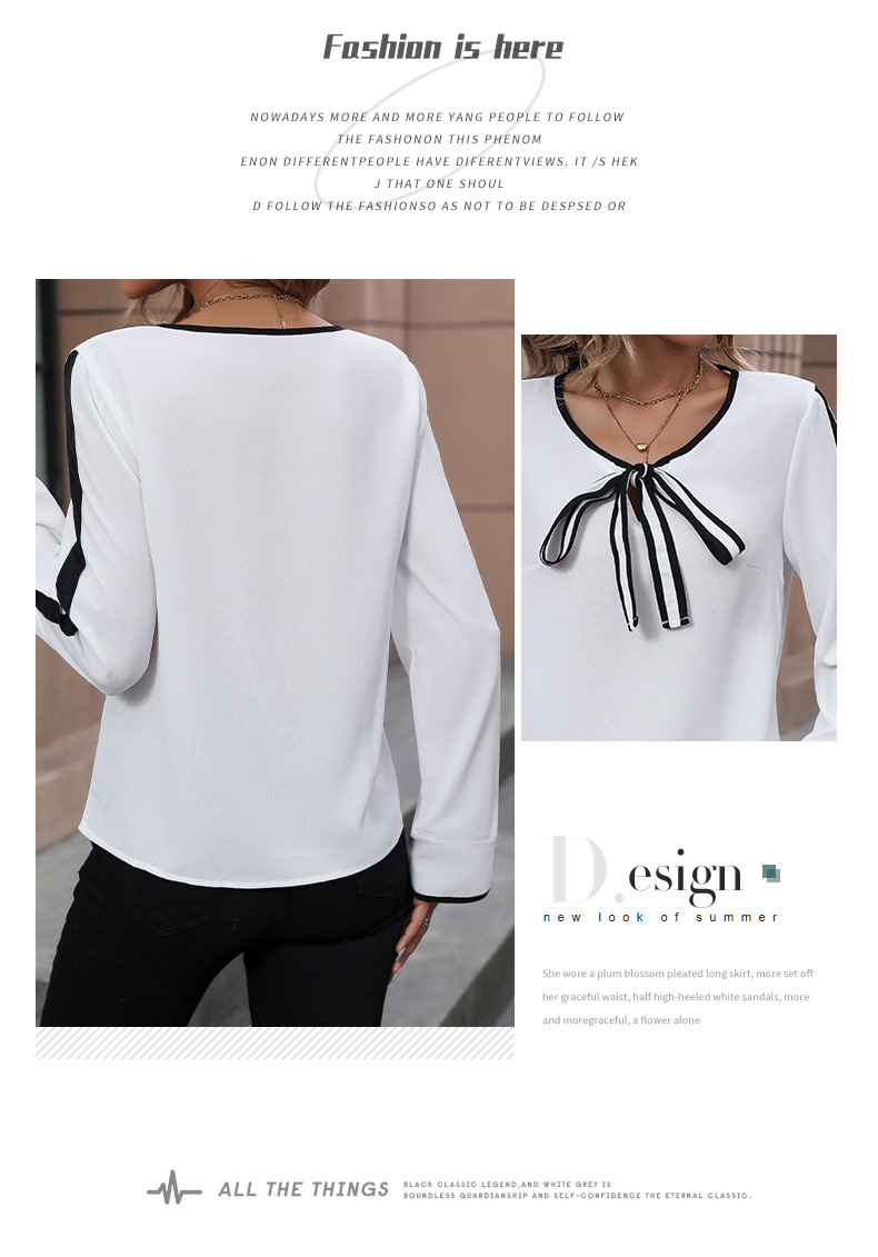 top da donna autunnali camicia con fiocco con lacci camicetta in bianco e nero a contrasto di colore_voghion.com