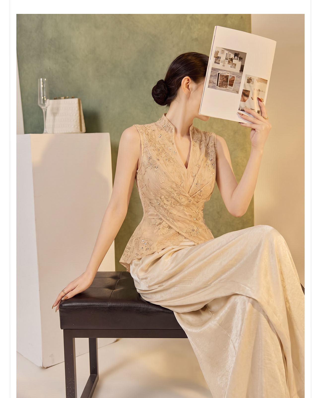 Áo vest nữ dài tay cổ chéo thêu tay, thắt lưng ren — màu vàng chi tiết 3