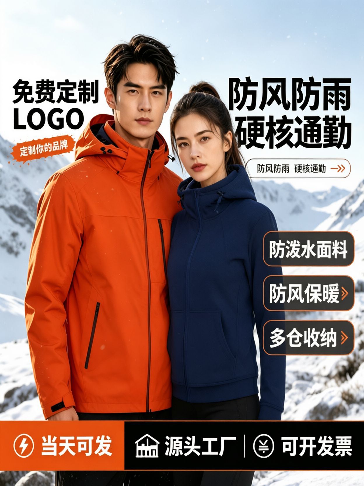 Custom-made workwear, lightweight stand-up collar jacket, three-in-one windproof and detachable outerwear for autumn and winter, with logo printing