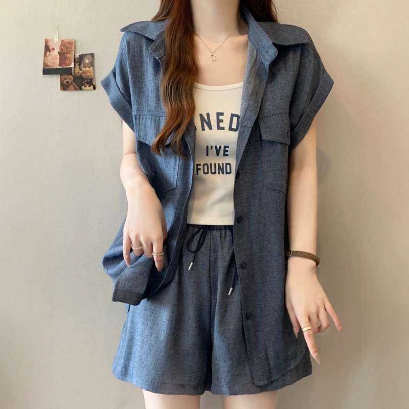 Casual Style Workwear Shirt, Suspender Shorts, Three-Piece Set for Women, Summer Plus Size, Korean Style, Fashionable and Versatile Set for Fat Girls