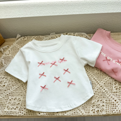 Kids Short Sleeve T-Shirt Summer Unisex Fashion Baby Girl Summer Outfit Base Shirt Girl with Bow Tie Clothing Trendy T-Shirt Top