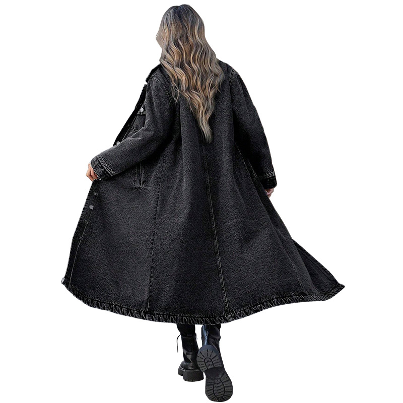 Elegant Long Denim Coat For Women, Mid Blue And Black Trench Style Jacket, Versatile Career Outerwear For Fall_ecoleips.com