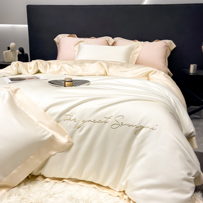 Summer Cool Ice Silk Quilt Cover Light Luxury Style Class A 100-count Lenzing Tencel Four-piece Set, Summer Silk Cool-touch Naked Sleep Bed Sheet_voghion.com