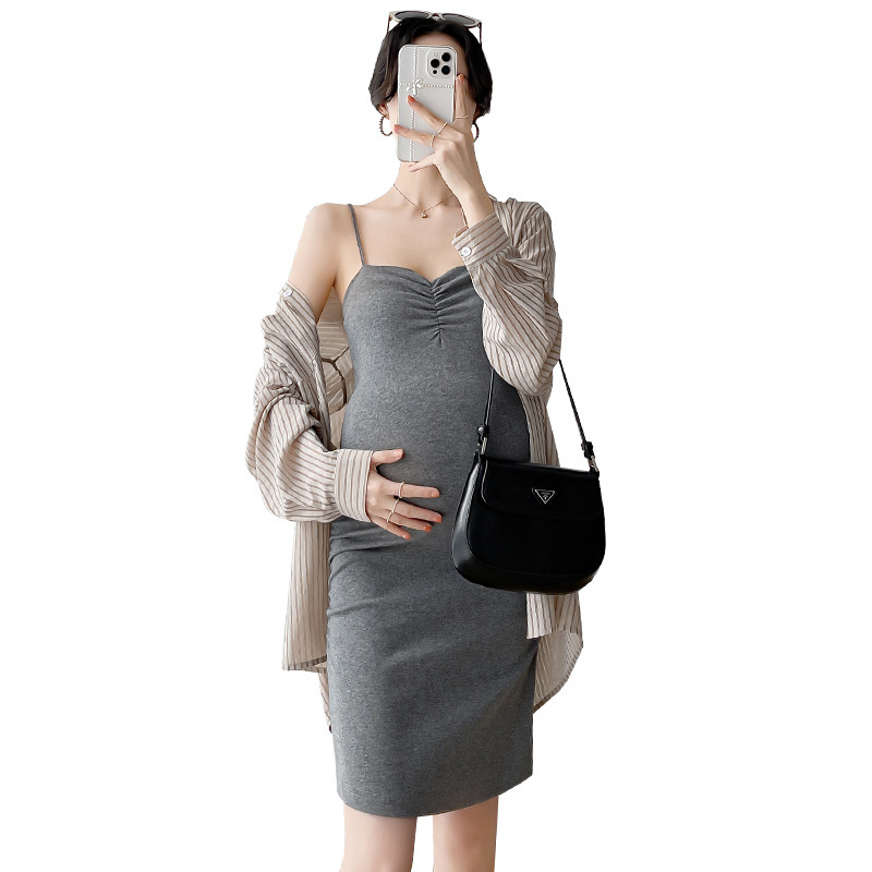 2023妊婦の夏の新型綿のセクシーな包みの尻のガーターのしわのワンピース + ストライプの日よけのシャツの潮|undefined