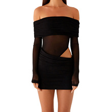 速卖通亚马逊跨境新款网纱一字肩女式纯色长袖拼接连衣短裙