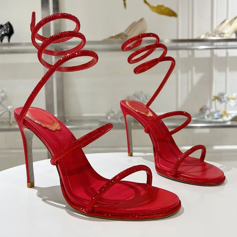 RC Winding Snake Wedding Shoes Banquet Bridesmaid Crystal High Heels Fairy Shoes Stiletto Sandals