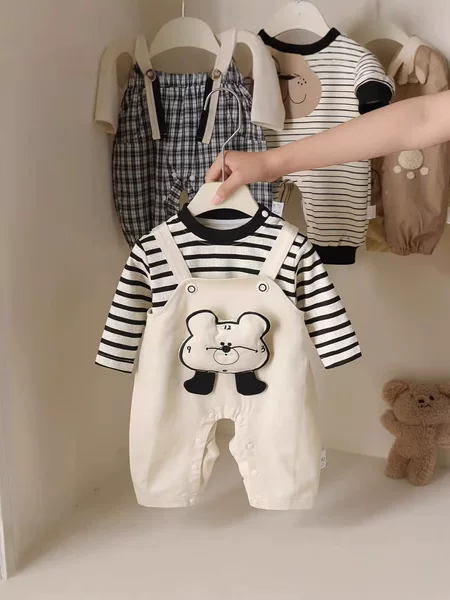 Baby Clothing Set Autumn Outfit Cartoon Spring and Autumn New Striped Two-Piece Overalls for Boys Outdoor Wear