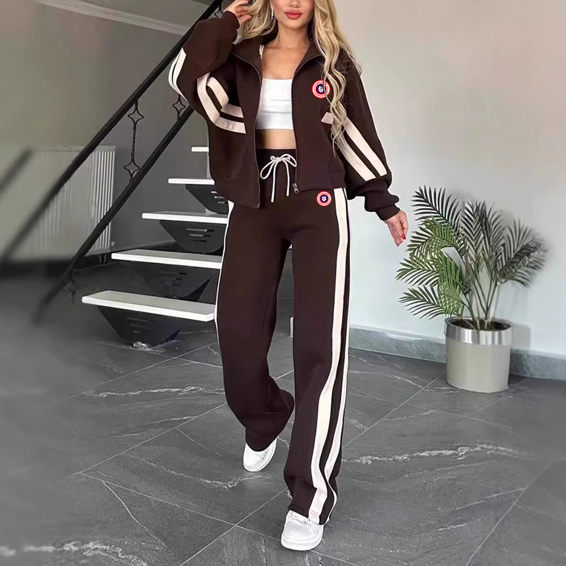 Women's Us Map Print Matching Set Colour-block Sweatshirt Joggers_voghion.com