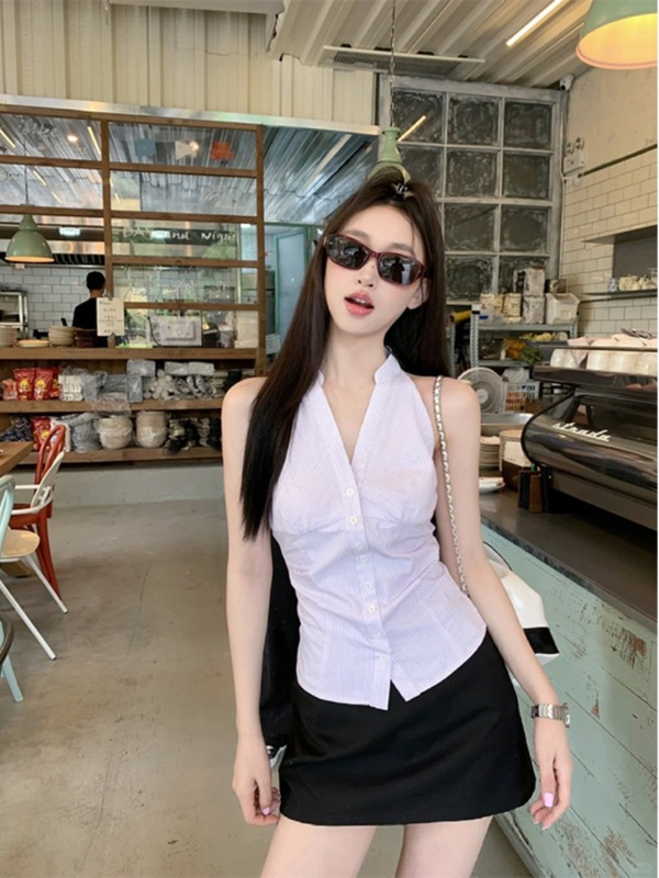 纯欲无袖挂脖衬衫女夏季修身显瘦条纹衬衣设计感小众收腰短款上衣|undefined
