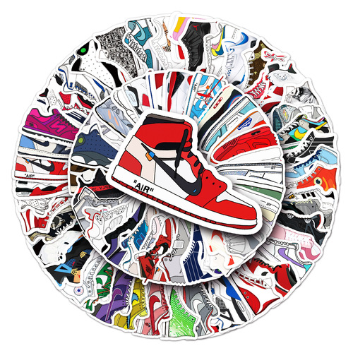 84 non-repeating cartoons of trendy sneakers, suitcases, graffiti trolley cases, notebooks, scooters, self-adhesive stickers