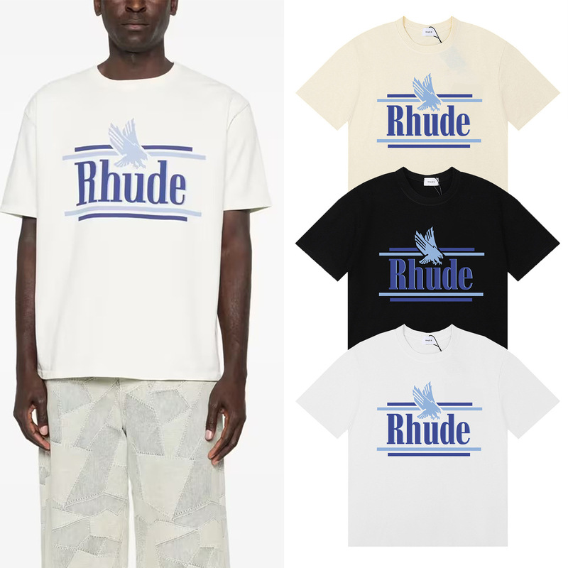 Foreign trade trendy spring-summer new Rhude eagle print high-quality double yarn pure cotton casual unisex short-sleeve t-shirt