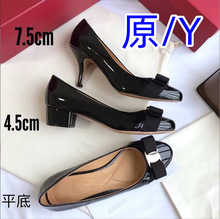 高板本F家2025春季新款单鞋女蝴蝶结圆头婚鞋通勤款单鞋漆皮瓢鞋