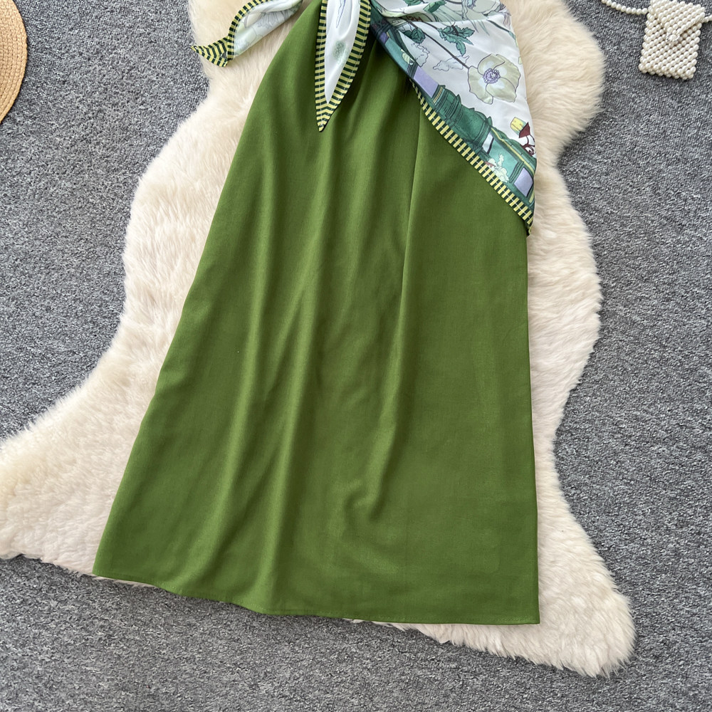 Elegant Sleeveless Round Neck Dress Style Summer Asymmetrical Long Dress With Scarf And Slit Sophisticated Tie Waist For Commuting_ecoleips.com