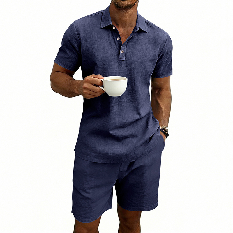Ensemble polo et short de plage décontractés en lin, style américain, pour homme, idéal pour l'été, les vacances et les trajets quotidiens. Grandes tailles disponibles. Coupe ample. Polo à revers simple et coupe simple._voghion.com
