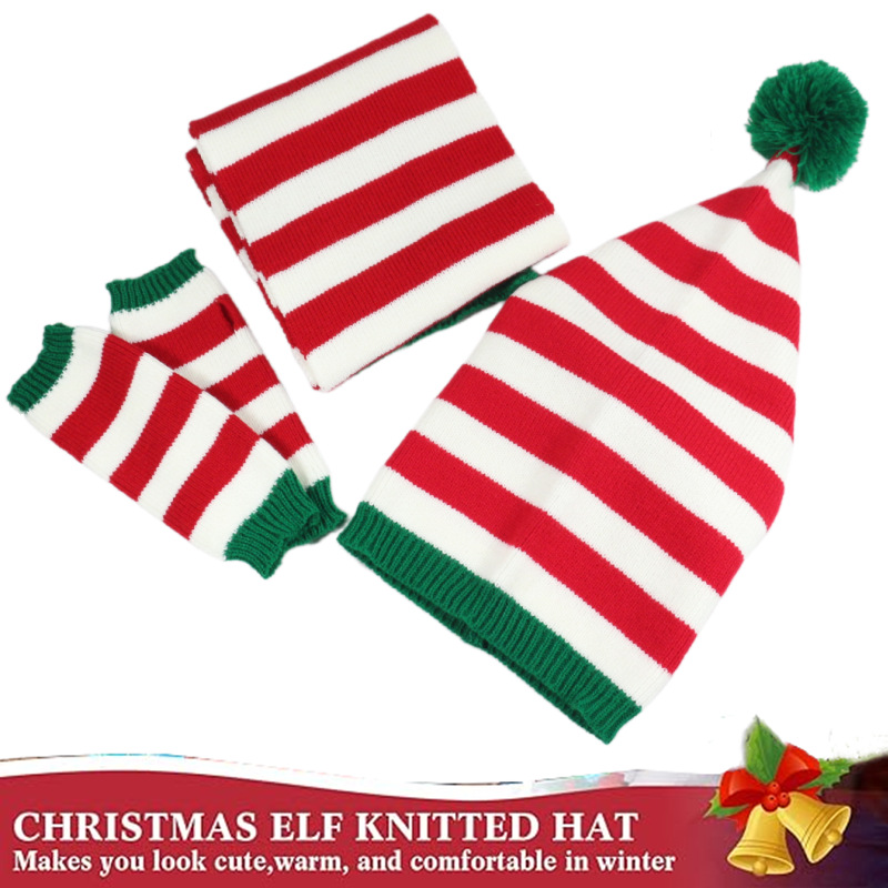 Christmas knit three-piece hat, scarf, glove, winter classic striped wool_voghion.com