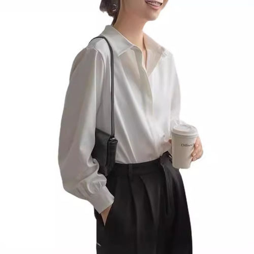2025 Spring and Autumn Long-Sleeve White Women's Loose Casual Wrinkle-Resistant Design Style Unique Blouse with Drape Top