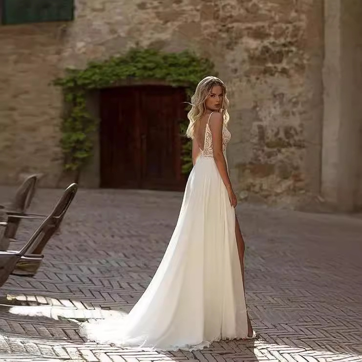 Thin Strap Backless Wedding Dress For Brides Simple Sexy Short Train Soft Tulle Lace Slimming Travel Photography_ecoleips.com