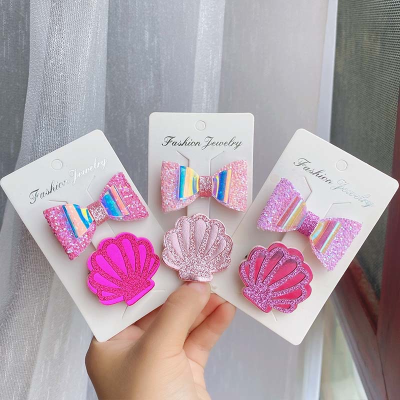 50g Weight Hair Clip Hair Accessories Type 2 Pieces Set Quantity Holiday Occasion Bow Knot, Shell Pattern Kid'S Gender Vacation Style Kid's Vacation Bow Knot Shell Cloth Hair Clip 无