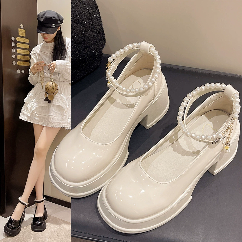 Женские туфли Мэри Джейн на высоком французском каблуке, лето 2025, новинка, толстый каблук, круглый носок, элегантные, маленькие, кожаные, с юбкой