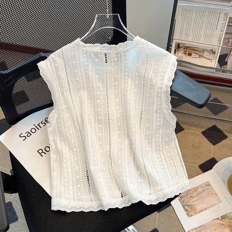 Hollow-Out Cotton and Linen White Shirt for Women, Summer 2026 New Stylish and Youthful French-Style Sleeveless Top Hollow-Out Cotton and Linen White Shirt for Women, Summer 2026 New Stylish and Youthful French-Style Sleeveless Top