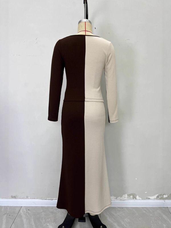 2025 ヨーロッパとアメリカのファッション婦人服秋と冬の気質通勤カラーブロックボタンハイウエストトップと同色のスカートスーツ|undefined