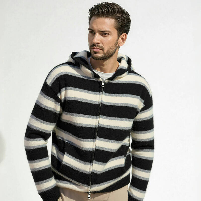 Gestreifter Kapuzenpullover für Herren – Übergroßer Strickpullover (Verdicktes Fleecefutter, überschnittene Schultern, gerippter Saum, maschinenwaschbar, Streetwear-Essential)_voghion.com
