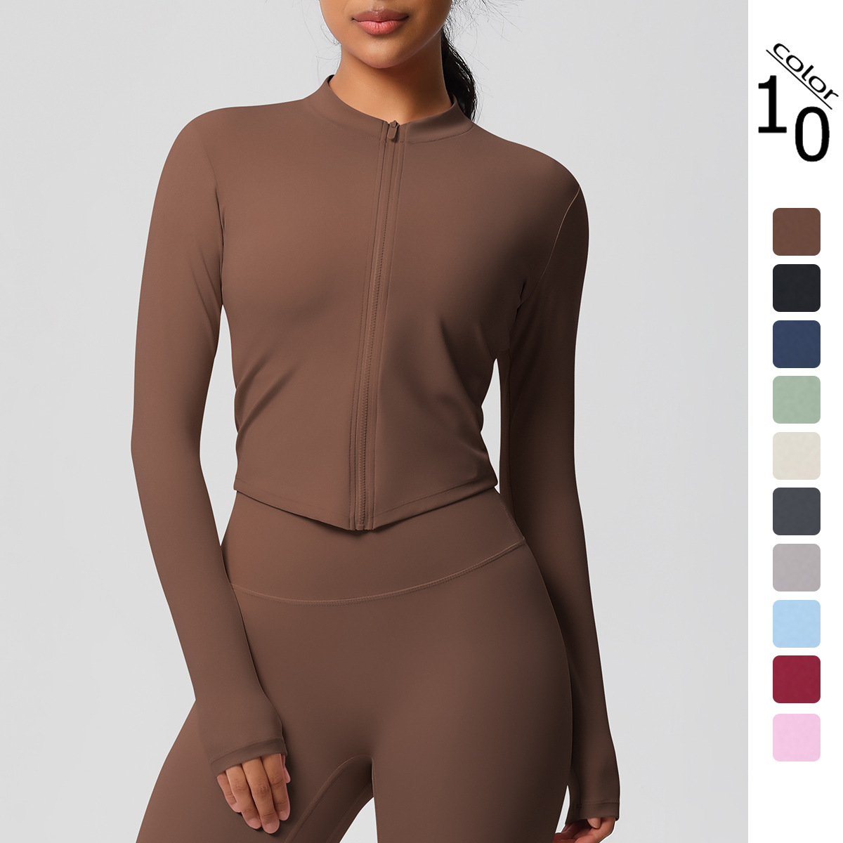 Spot Chaqueta con cremallera de fitness cepillada desnuda de secado rápido transfronterizo para correr deportes ropa de yoga de manga larga ajustada para mujer