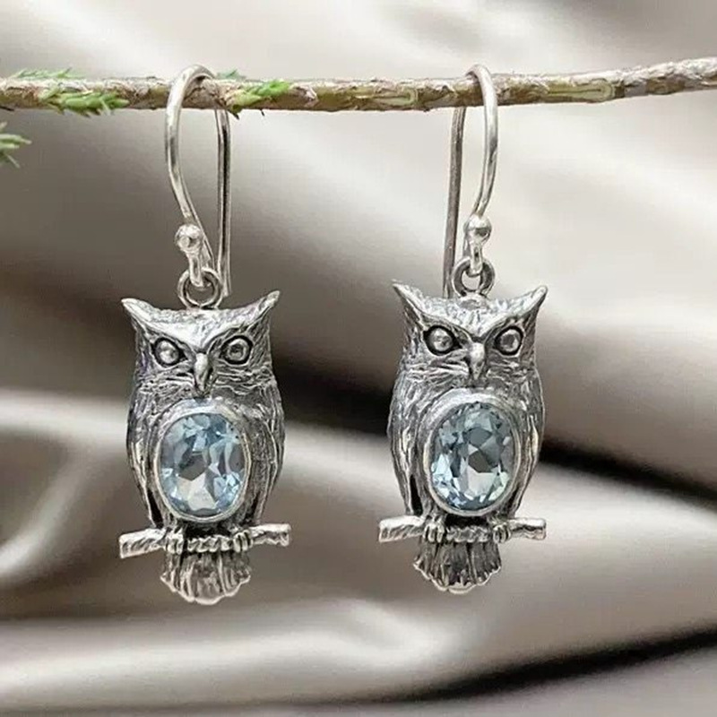 Creative Hot-Selling Retro Thai Silver Owl Earrings European and American Inlaid Sky Blue Topaz Animal Earrings for Women