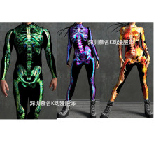 2023新款欧美万圣节骨架女装cosplay紧身衣3D印花扣手修身连