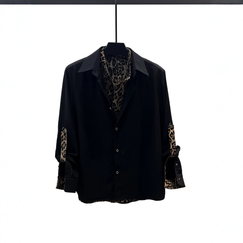 Men's leopard print patchwork shirt with a stylish, non-iron, and draping effect, designed as a faux two-piece for commuting, featuring a long-sleeved collar