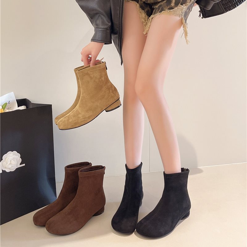 New Ankle Boots Slim Retro Martin Boots Women's Round Toe 2025 Suede Autumn and Winter Single Boots Thick Heel Short Boots Slim Boots