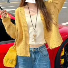 羊驼绒休闲慵懒风V领针织开衫2025秋冬季新款宽松长袖毛衣女外套
