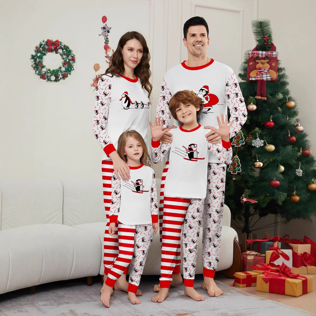 Kerst Pinguïn Candy Cane gestreepte Kerst Familie pak bedrukte homewear pyjama_voghion.com