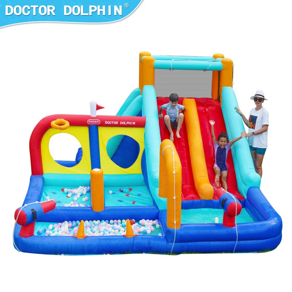 Doctor Dolphin Castillo inflable Castillo de juguete travieso Parque de atracciones Cama de buceo de agua al aire libre Tobogán Chorro de agua Castillo doméstico