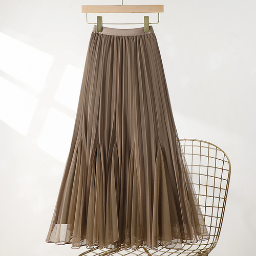 Women's two-sided mesh skirt half skirt autumn new high-waist covers the hip pleated A-line large swing fish tail long dress