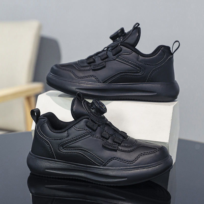 Nuevos zapatos deportivos para niños y niñas, cuero impermeable, botón giratorio, zapatos deportivos infantiles ligeros y versátiles, zapatos blancos para estudiantes