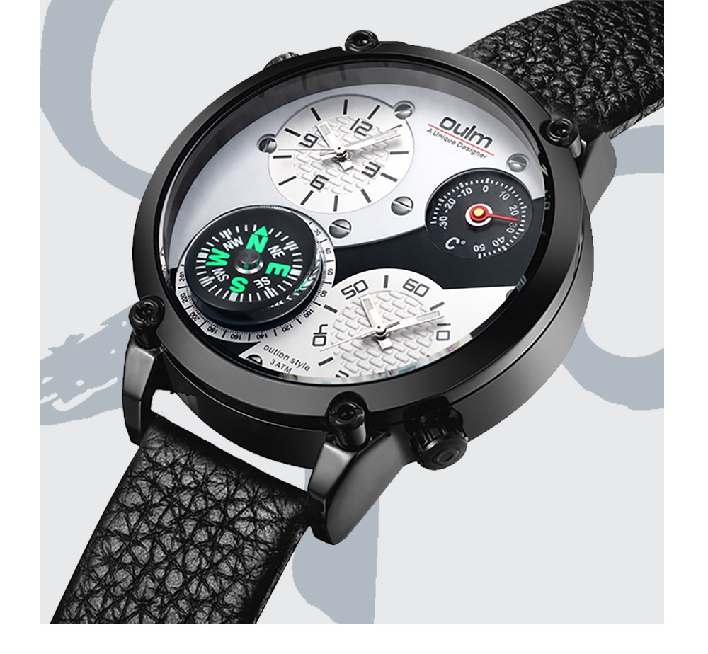 Men's Large Dual-time Watch With Genuine Leather And Compass_voghion.com