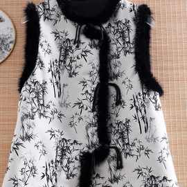 提花古装汉服夹棉马甲2026冬新款复古提花涧棉拼水毛上衣马夹女